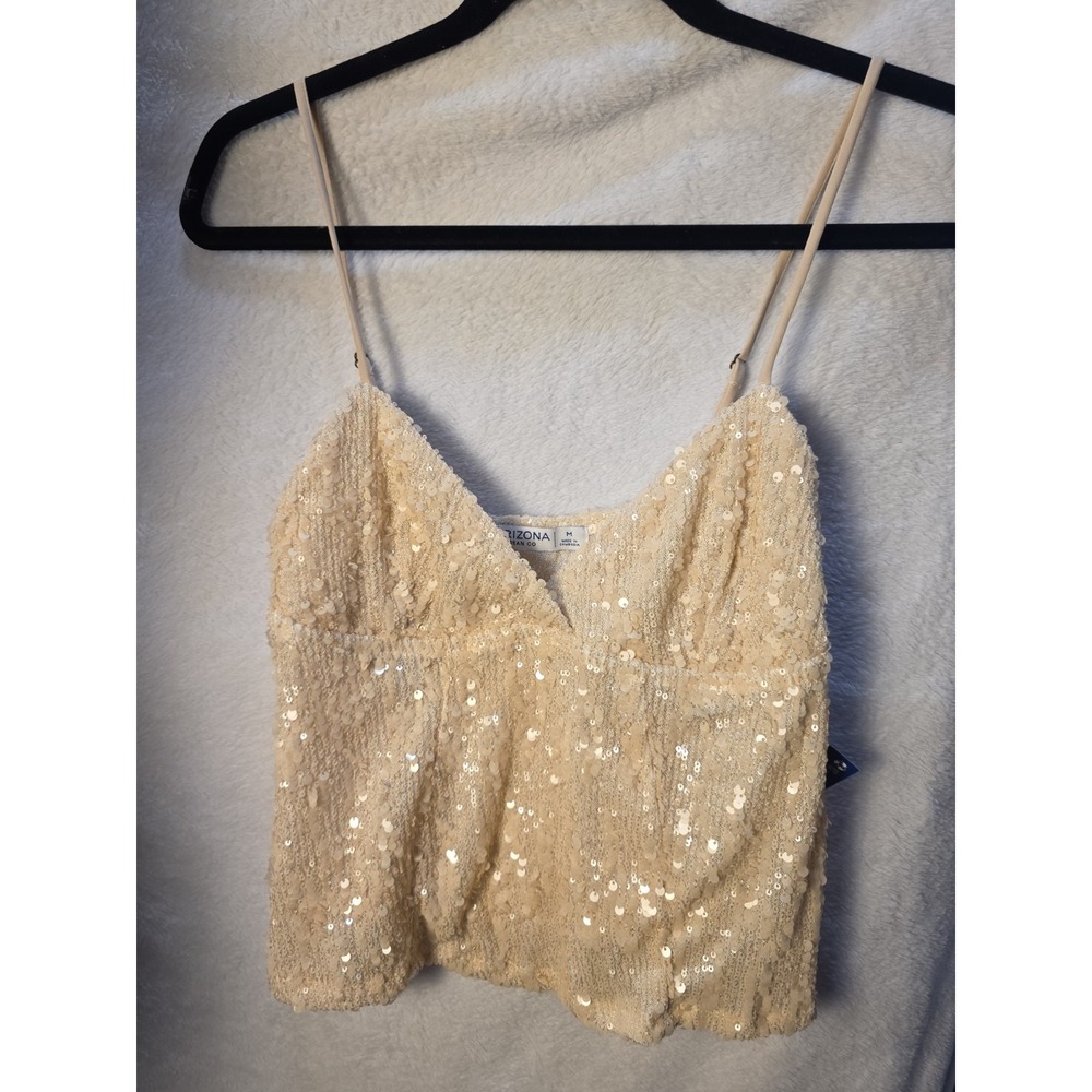Arizona Jean Co Tank Top Sequin Babydoll Y2K Champagne Crop Glam Disco Party M